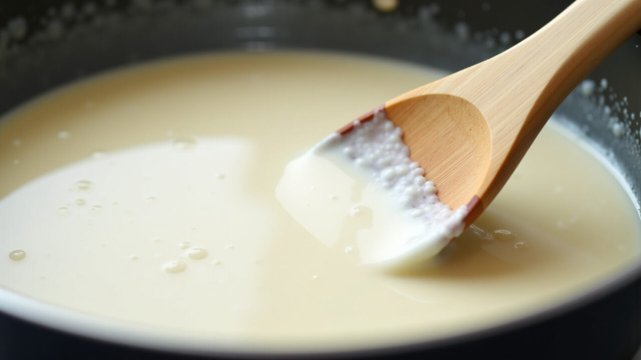 Close-up of a smooth, lump-free white sauce being stirred in a pan, professional photography, 8K Molho branco cremoso e sem grumos.