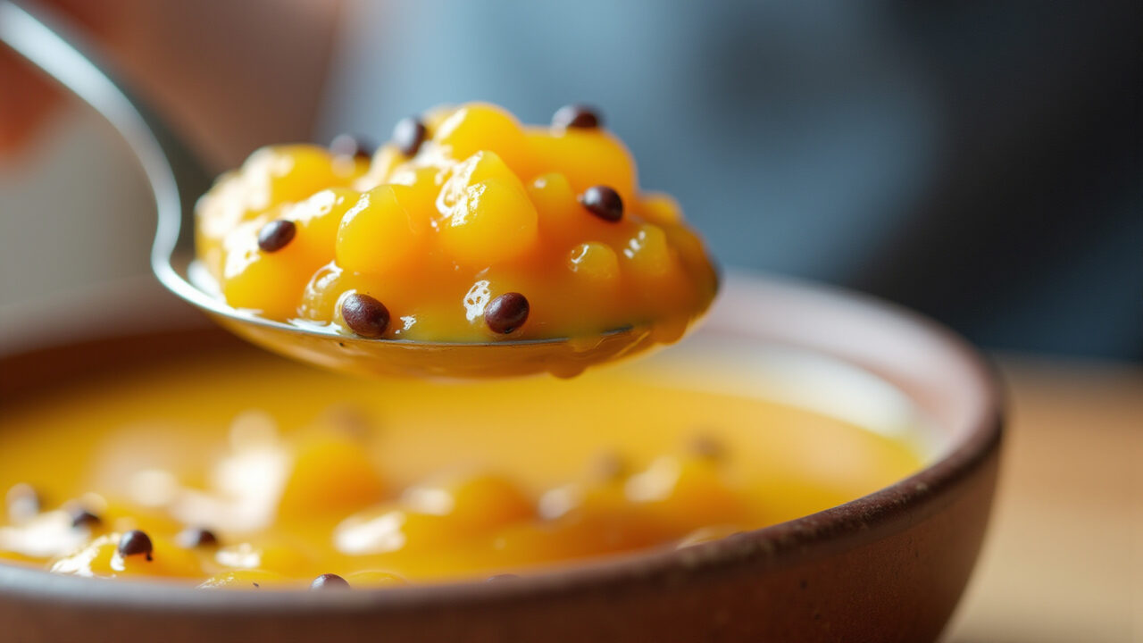 Close-up of a spoon scooping creamy passion fruit filling, showcasing texture and seeds, bright Recheio cremoso de maracujá com sementes.