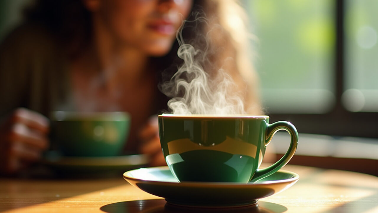 Close-up of a steaming cup of avocado leaf tea, natural lighting, Brazilian woman in background, Xícara fumegante de chá de folha de abacate, luz natural.