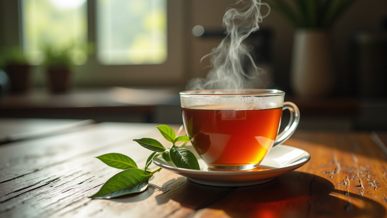 Close-up of a steaming cup of bay leaf tea, natural light, rustic wooden table, Brazilian kitchen Xícara fumegante de chá de folha de louro.