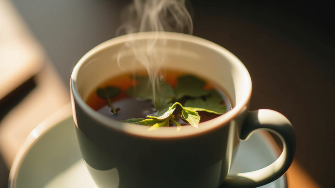 Close-up of a steaming cup of cagaita leaf tea, natural lighting, focus on the delicate leaves Xícara fumegante de chá de folha de cagaita.