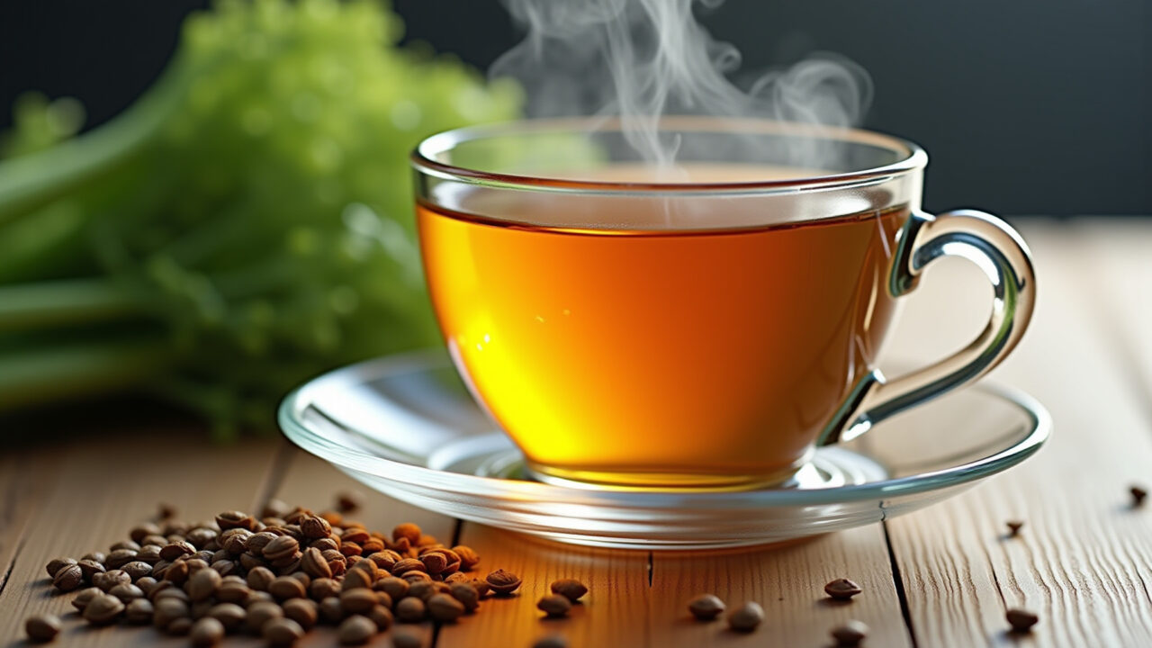 Close-up of a steaming cup of fennel tea, natural lighting, with dried fennel seeds scattered Xícara fumegante de chá de erva-doce.