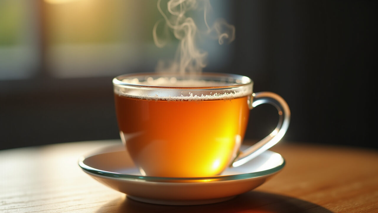 Close-up of a steaming cup of fennel tea, natural lighting, minimalist style, focus on the tea's Xícara fumegante de chá de erva-doce.