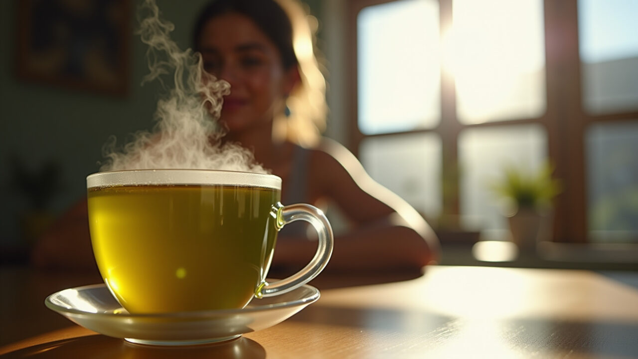 Close-up of a steaming cup of green tea, sunlight filtering through a window, Brazilian woman in Xícara de chá verde fumegante.