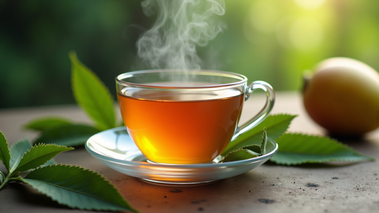 Close-up of a steaming cup of mango leaf tea, natural lighting, with fresh mango leaves scattered Xícara fumegante de chá de folha de manga.