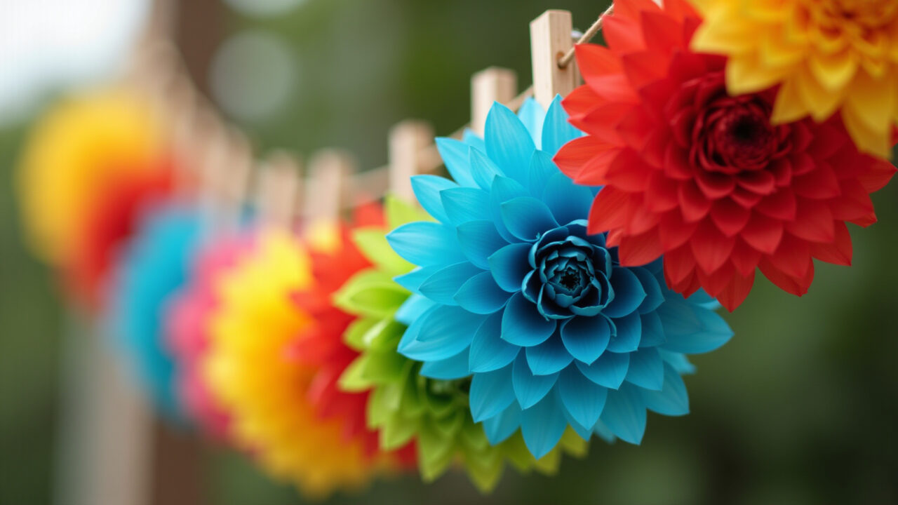 Guirlanda de flores feita com garrafas PET coloridas.