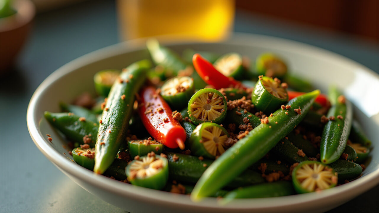 Close-up of a vibrant okra dish, Brazilian spices, natural light, 8k, professional photography, Prato de quiabo refogado com especiarias brasileiras.
