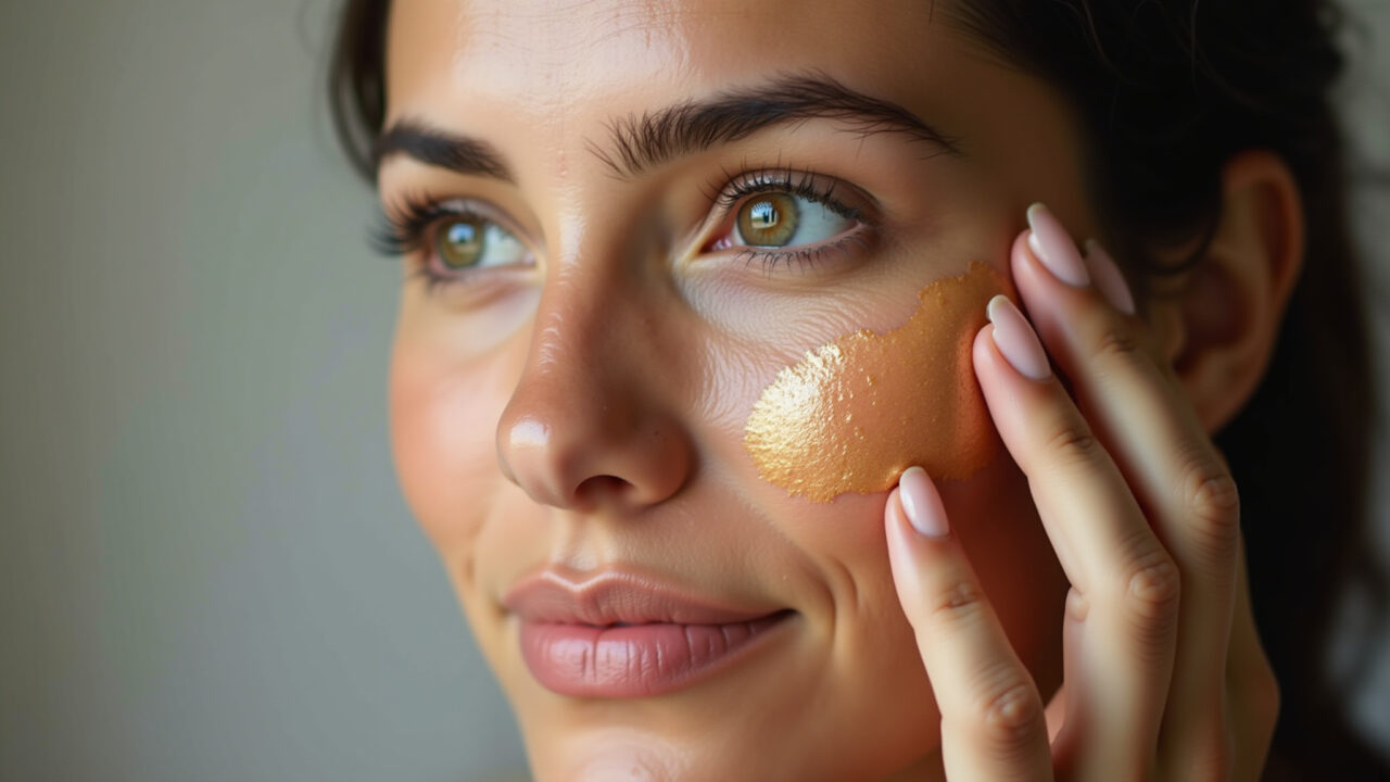 Close-up of a woman applying tinted sunscreen on her face, oily skin, acne scars, natural light, Aplicação de protetor solar com cor em pele oleosa e acneica.