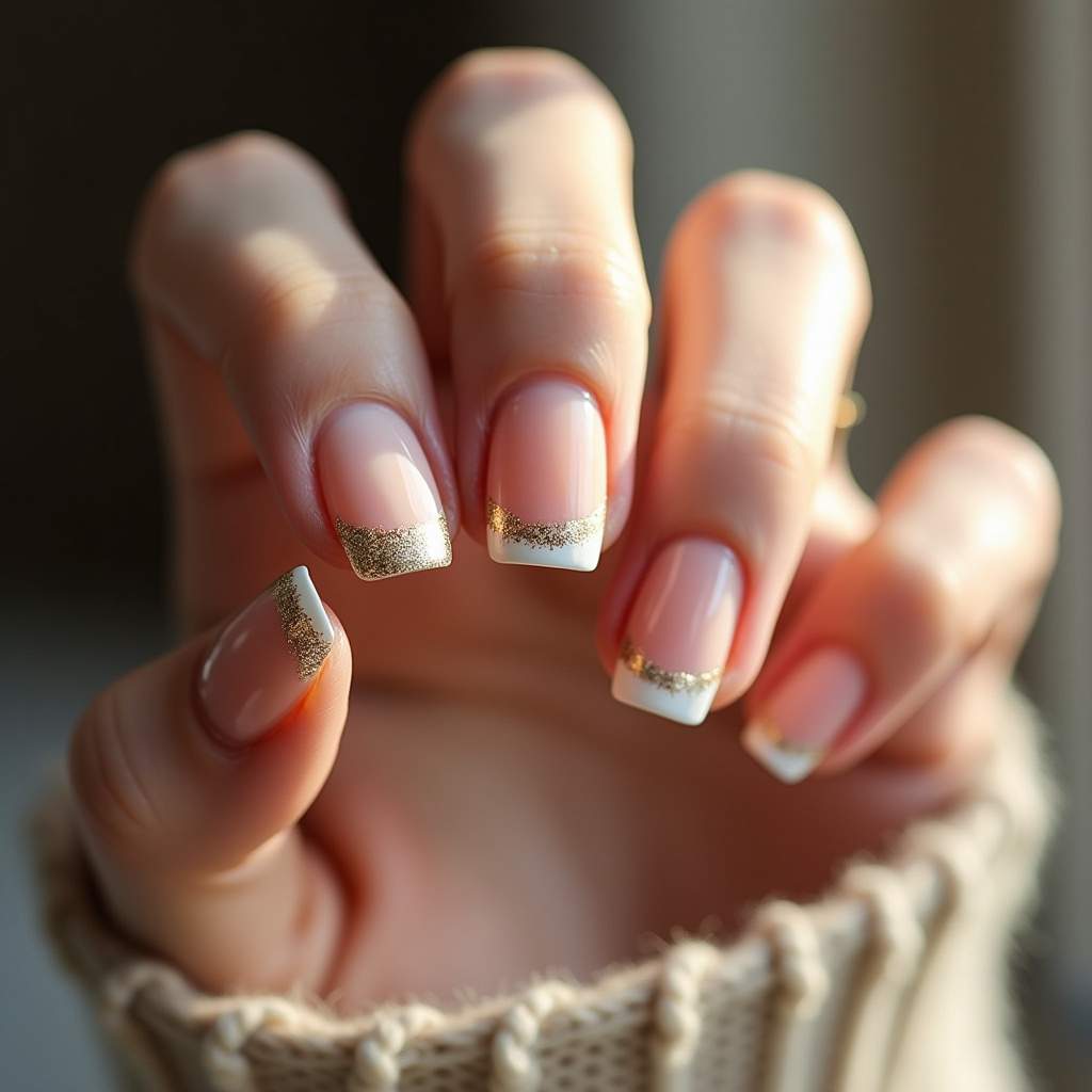 Close-up of a woman's hand with a classic French manicure updated with fine gold glitter tips, Unha francesinha com glitter dourado nas pontas.