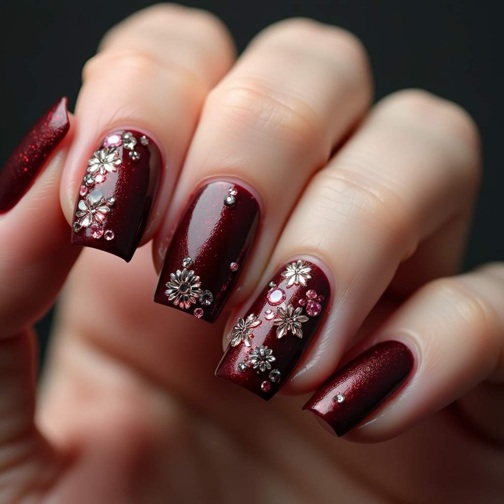 Close-up of a woman's hand with dark red nail polish adorned with small rhinestones and gems in Unha decorada com pedrarias e strass.