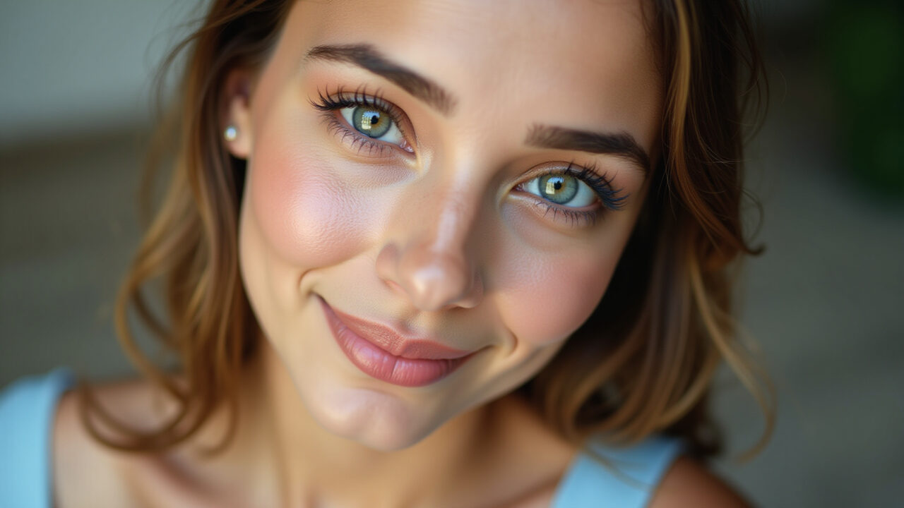 Close-up of a young Brazilian woman with light skin, wearing a light blue dress and romantic Maquiagem suave para vestido azul claro, tons pêssego e rosa.