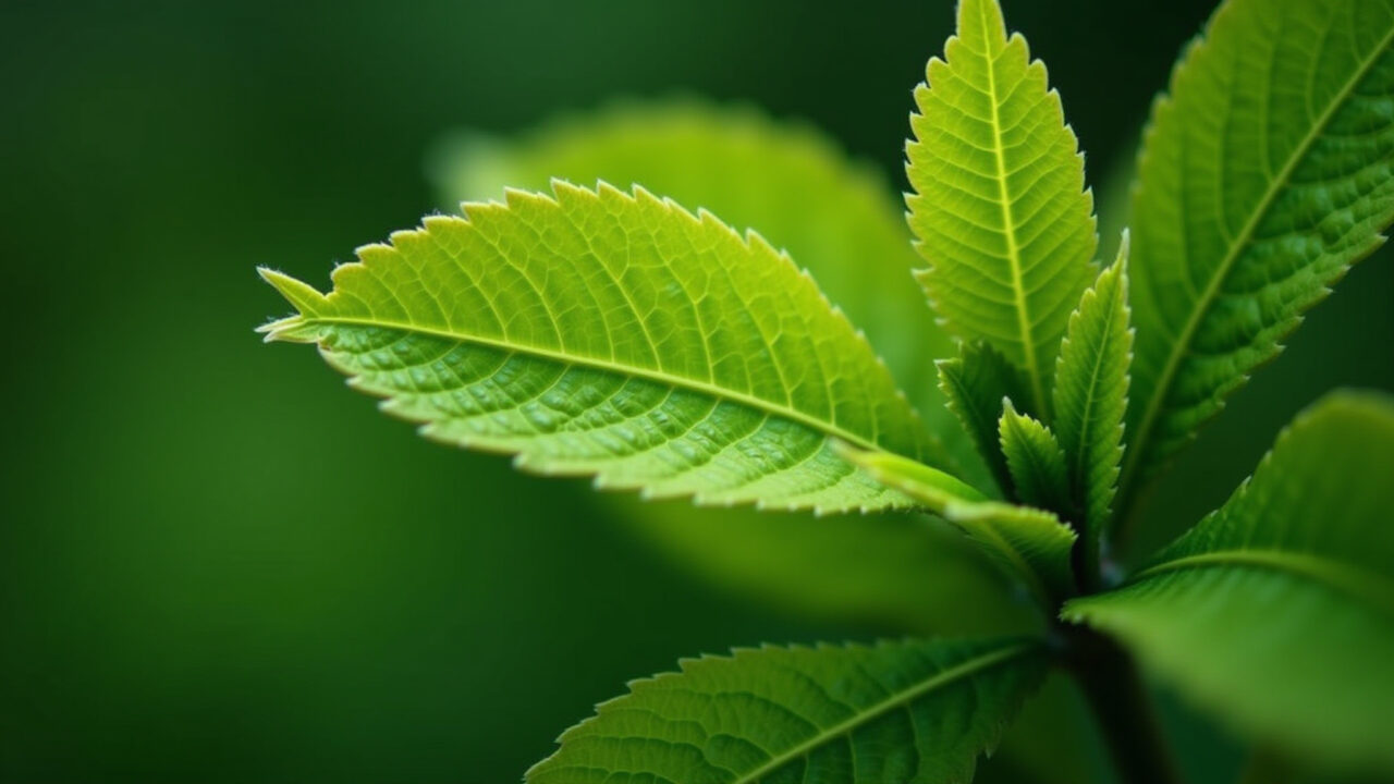 Close-up of cagaita leaves, vibrant green, natural lighting, macro photography, 8k, sharp focus, Folhas de cagaita em close-up.