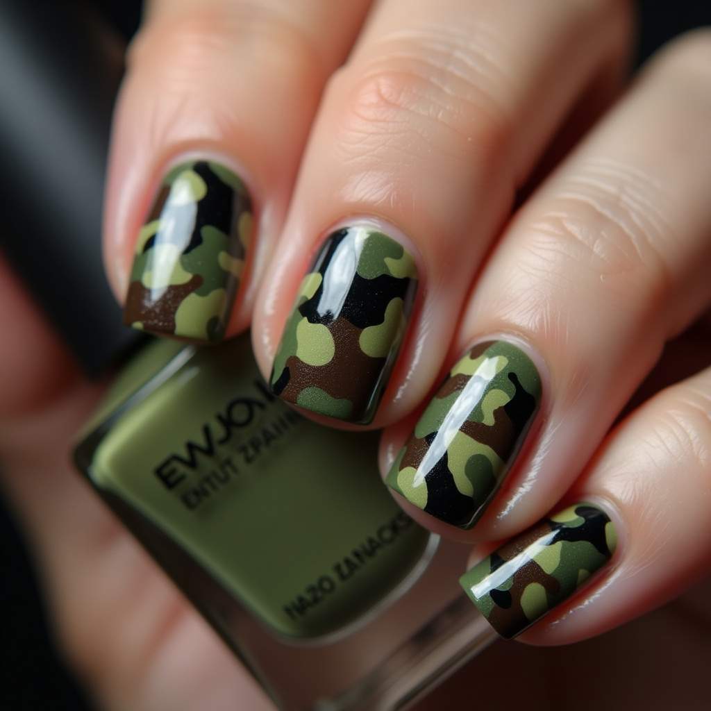 Close-up of camouflage nail art, green, brown, black, professional photography, 8K quality, sharp Unha camuflada tradicional verde, marrom e preta.