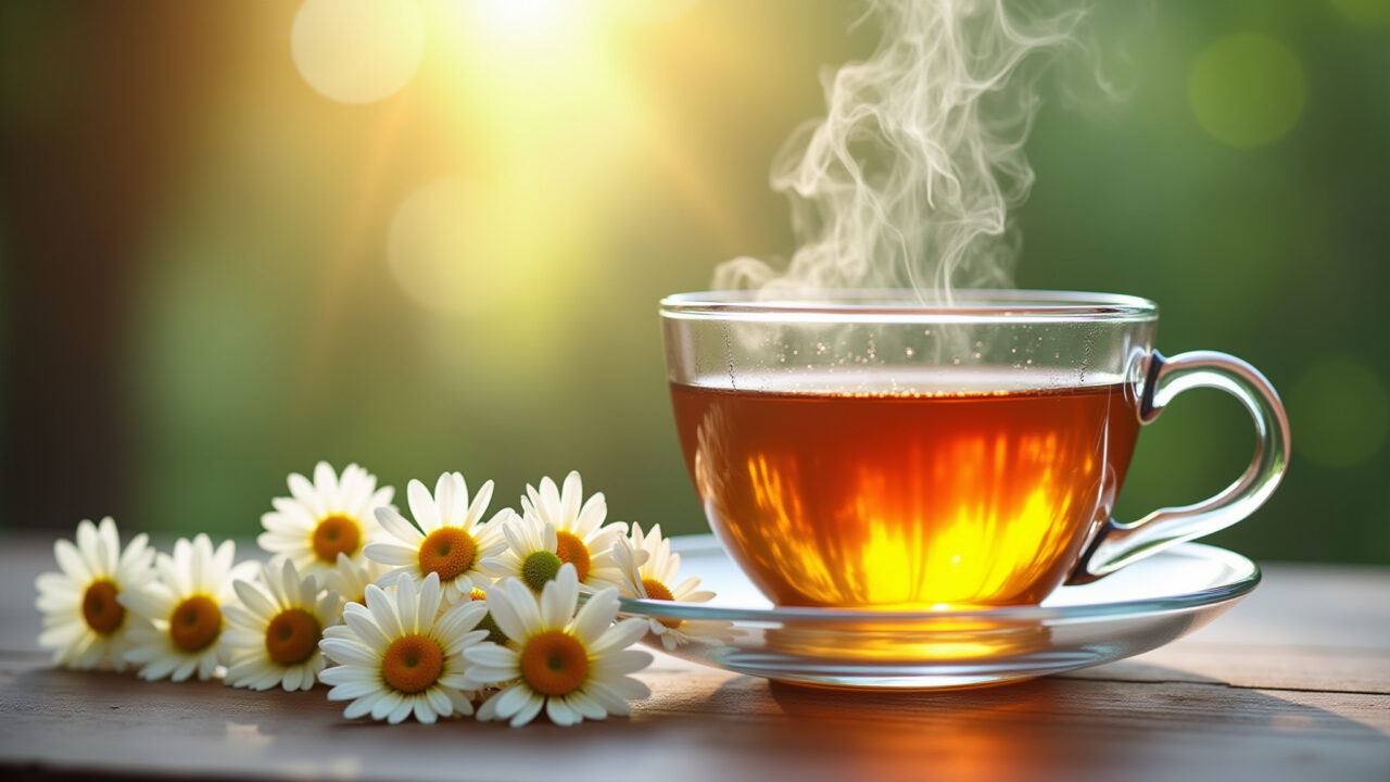Close-up of chamomile tea being poured into a glass cup, steam rising, soft natural light, calming Chá de camomila sendo servido, vapor suave.