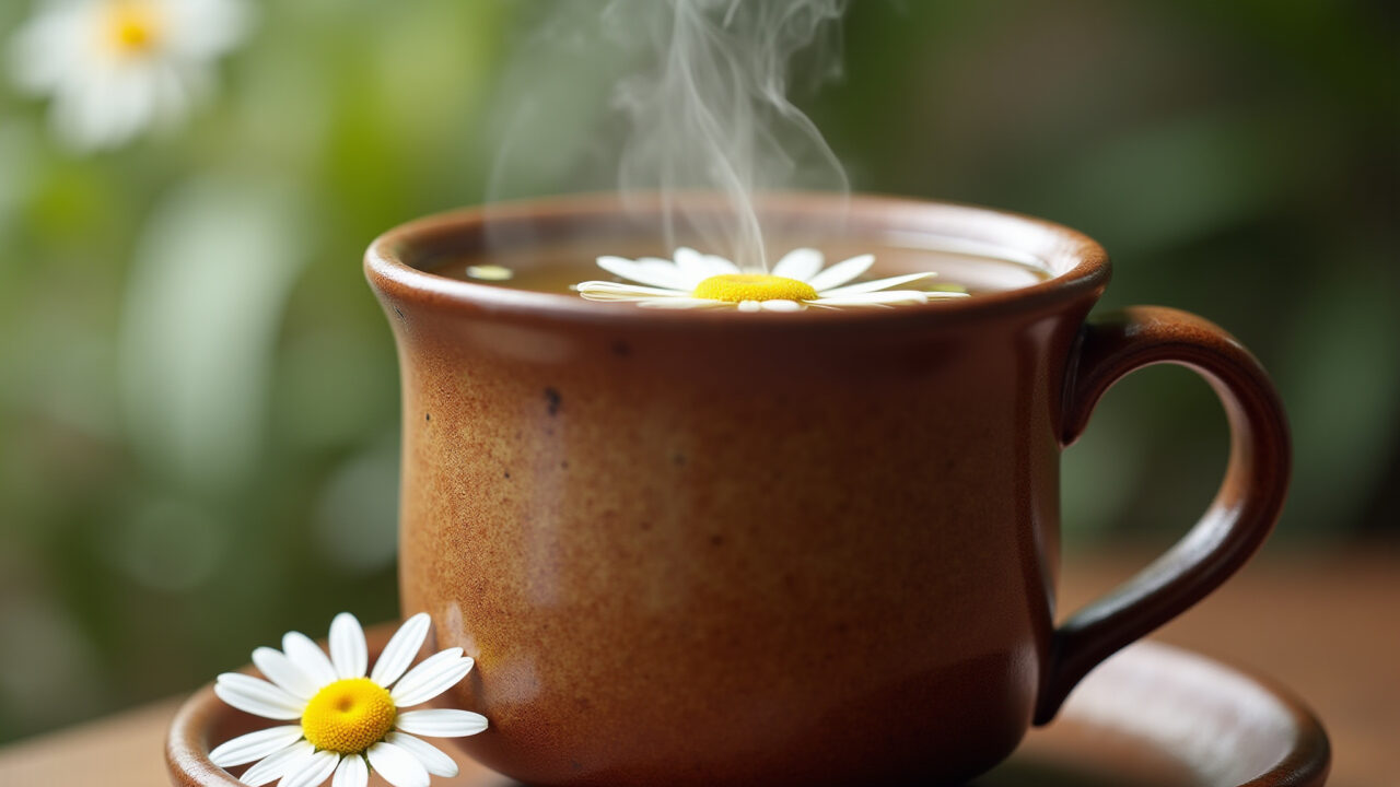 Close-up of chamomile tea steaming in a rustic ceramic mug, natural lighting, soft focus, Brazilian Xícara de chá de camomila fumegante, ideal para relaxar antes de dormir.