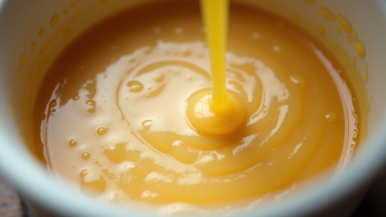 Close-up of chantininho with condensed milk being mixed in a bowl. 8k, sharp focus, natural Chantininho com leite condensado sendo misturado.