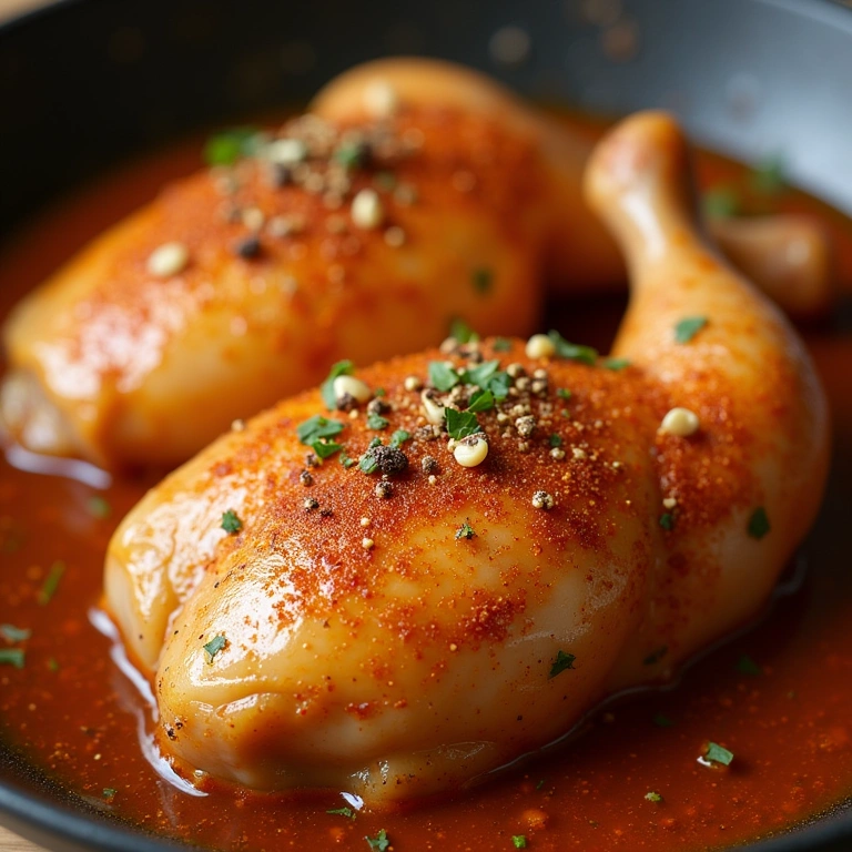 Close-up of chicken being seasoned with garlic, ginger, pepper, and paprika, vibrant colors, Tempero para frango xadrez light: alho, gengibre, pimenta do reino e páprica.