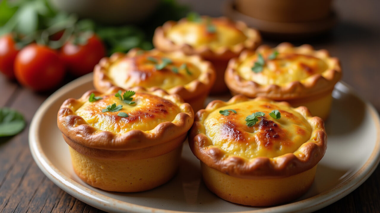 Close-up of chicken pot pies, golden crust, rustic table setting, warm light, commercial Empada de frango caseira com farinha de trigo.