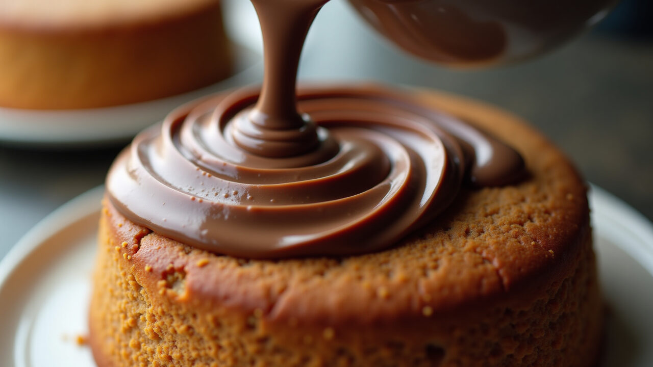 Close-up of chocolate frosting being poured over a carrot cake, creamy texture, kitchen setting, Cobertura de chocolate para bolo de cenoura.