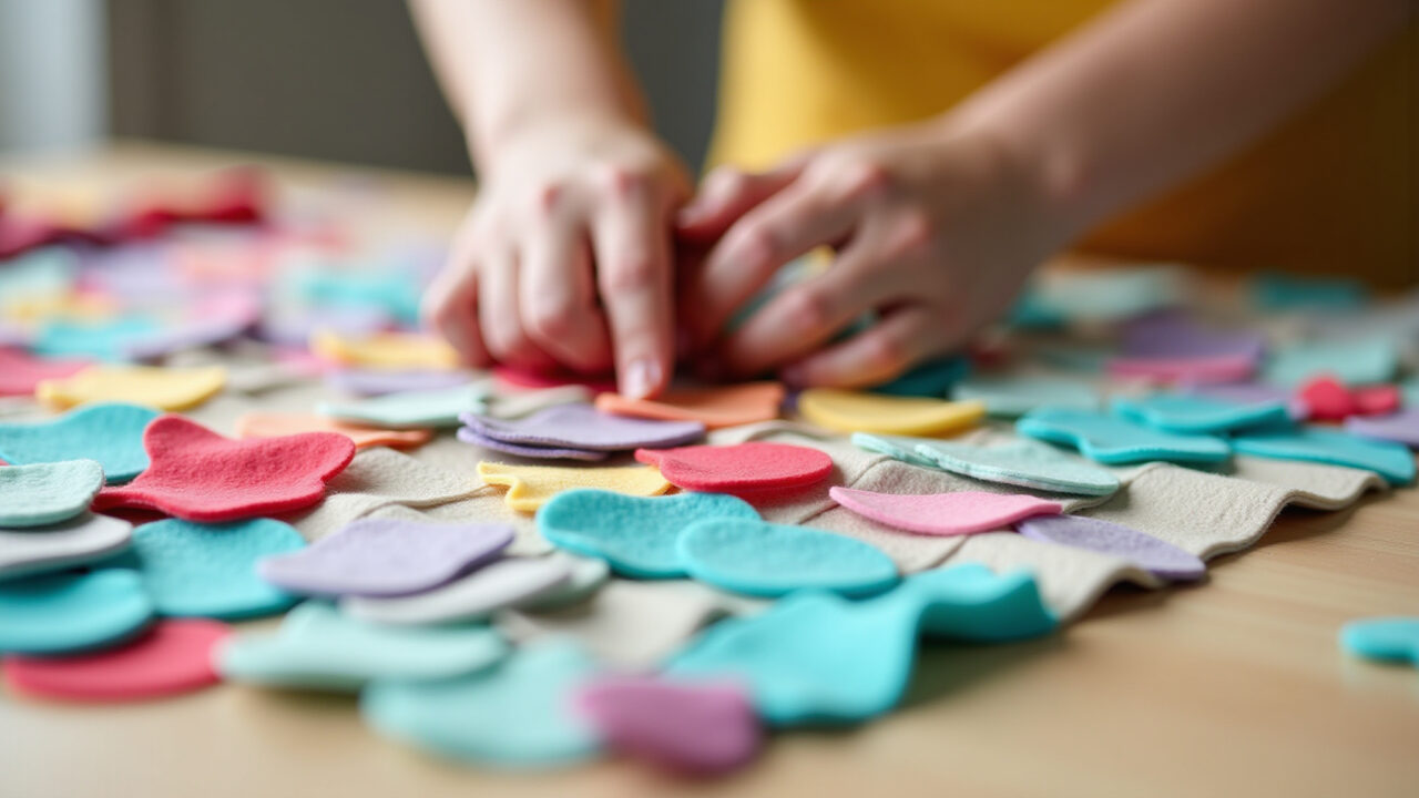 Close-up of colorful felt scraps being glued onto a base for a soft no-sew rag rug. Natural light, Tapete macio de retalhos de feltro.