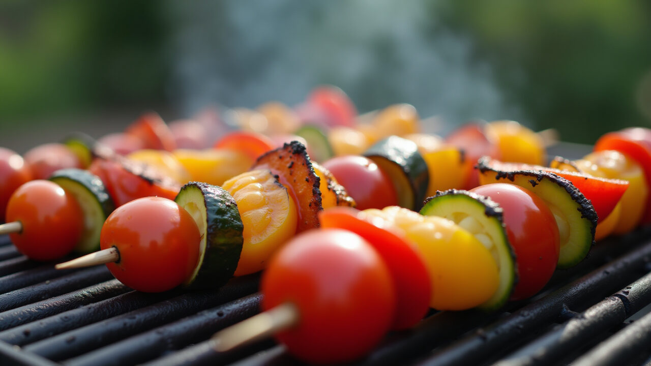 Close-up of colorful vegetable skewers on a grill, healthy eating, Brazilian barbecue, natural Espetinhos de legumes coloridos em churrasqueira.