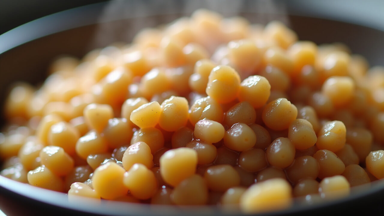 Close-up of cooked feijão in a bowl, with visible steam, showcasing its texture and color. 8K Feijão congelado pronto para consumo