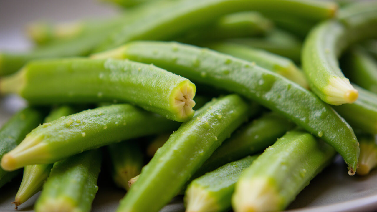 Close-up of cooked okra, soft texture, served on a plate. 8K quality, sharp focus, professional Quiabo cozido para diverticulite.