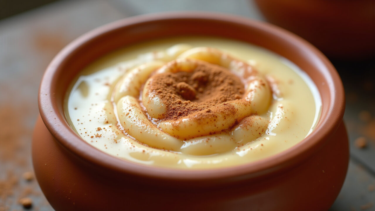 Close-up of creamy maizena curau in a clay bowl, sprinkled with cinnamon, festa junina setting, Curau cremoso de Maizena para festa junina.