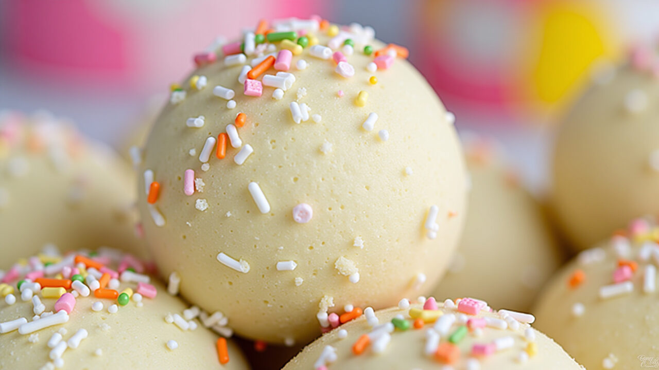 Close-up of creamy white brigadeiros with maizena, colorful sprinkles, party setting, 8K quality, Brigadeiro branco cremoso com Maizena.