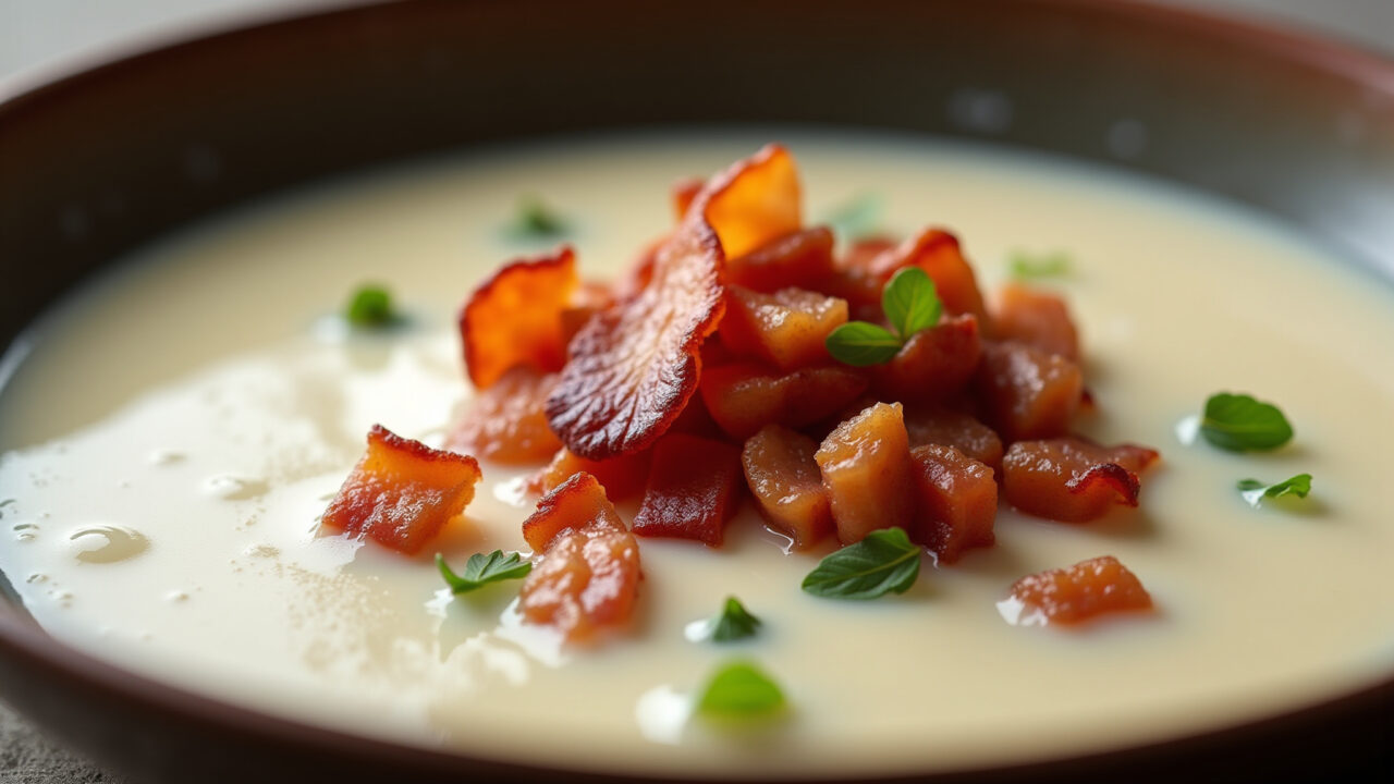 Close-up of creamy white sauce with crispy bacon bits, Brazilian style kitchen, professional Molho branco com bacon crocante.