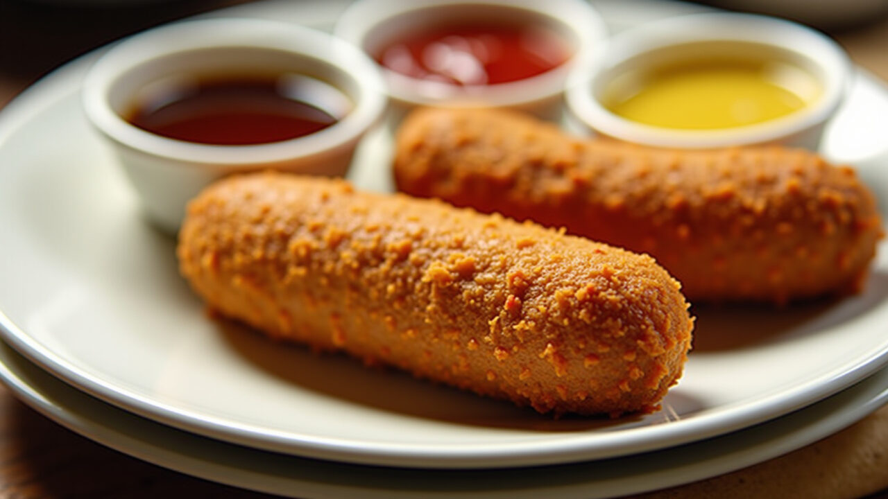 Close-up of crispy breaded sausage with dipping sauces, on a plate, 8K quality, sharp focus, Salsicha empanada crocante com molhos.
