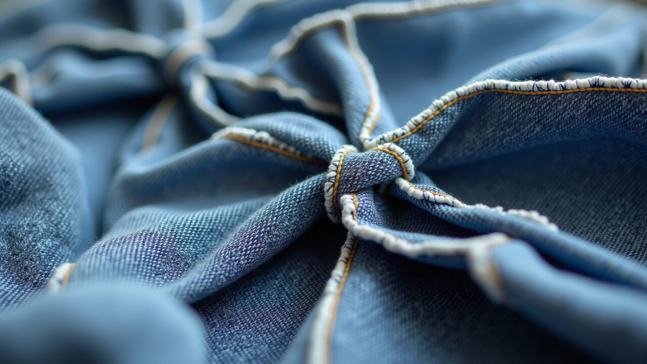 Close-up of denim scraps being tied into a no-sew rag rug, showcasing the texture and durability of Tapete de retalhos feito com jeans.