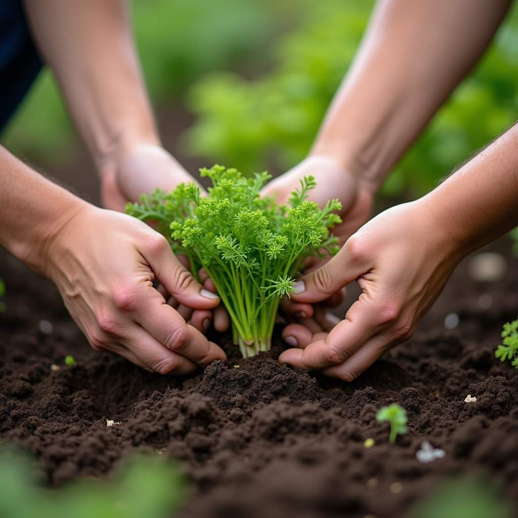 Close-up of diverse hands planting fennel seeds in rich soil, natural light, organic gardening, 8K Mãos plantando sementes de erva doce.