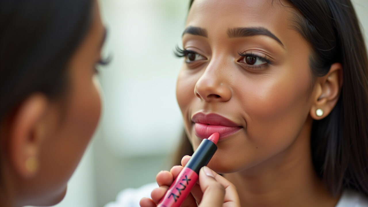 Close-up of diverse woman applying Nyx Soft Matte Lip Cream Monte Carlo, natural light, soft focus, Aplicação do batom vermelho Nyx Soft Matte Lip Cream Monte Carlo.