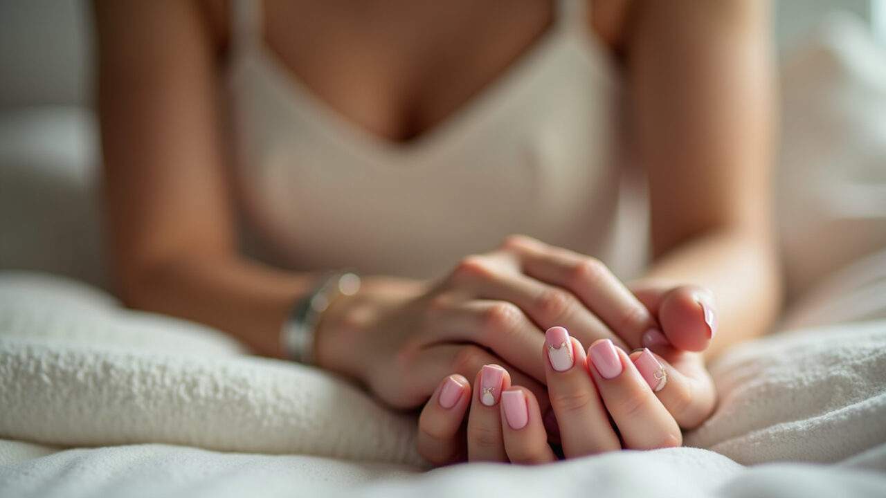 Close-up of elegant woman's hands with classic rose nails, soft natural lighting, professional Unhas rosê clássicas e elegantes.