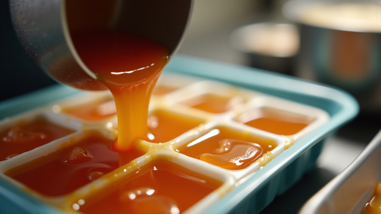 Close-up of feijão broth being poured into ice cube trays for freezing. 8K quality, sharp focus, Congelando caldo de feijão