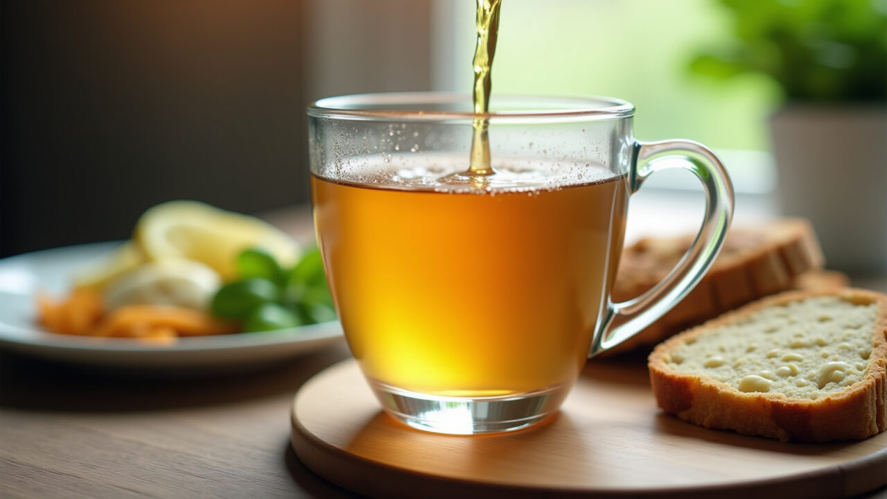 Close-up of fennel tea being poured into a glass, accompanied by a healthy meal, natural lighting, Chá de erva-doce para melhorar a digestão.