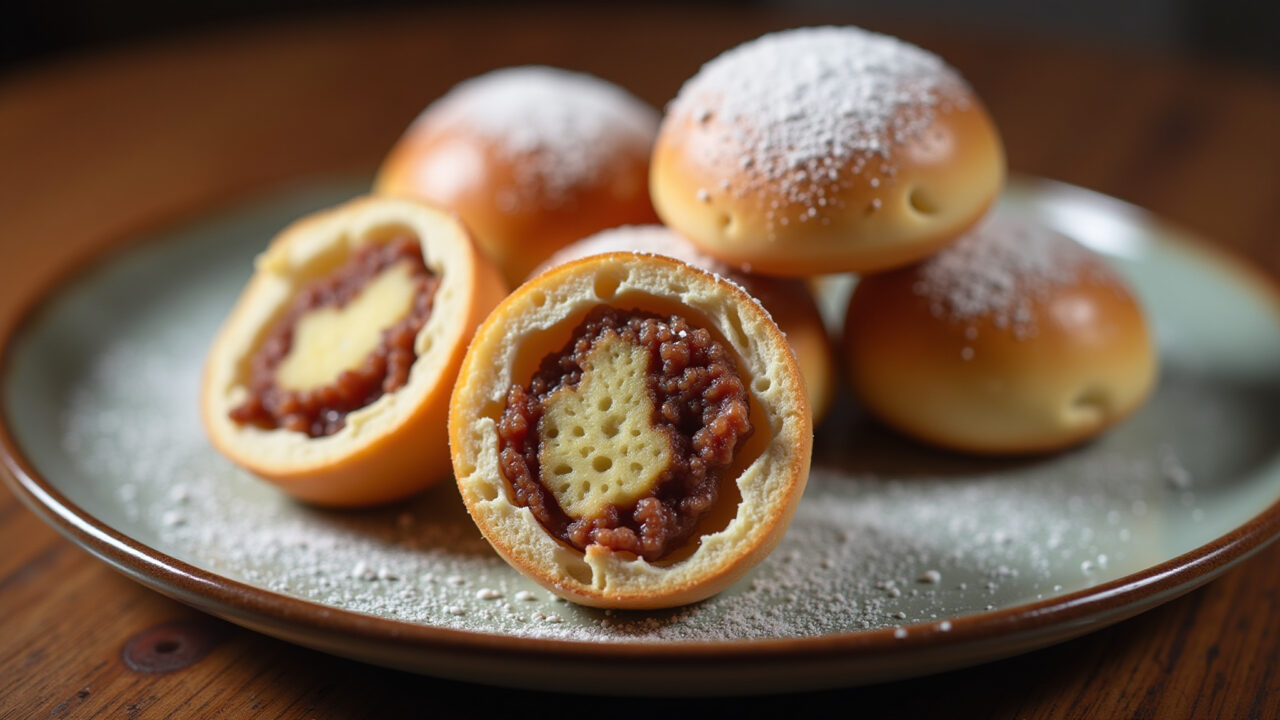 Close-up of filled Sonhos, sugar powder, rustic plate, warm light, lifestyle photography, 8K Sonho recheado com farinha de trigo.