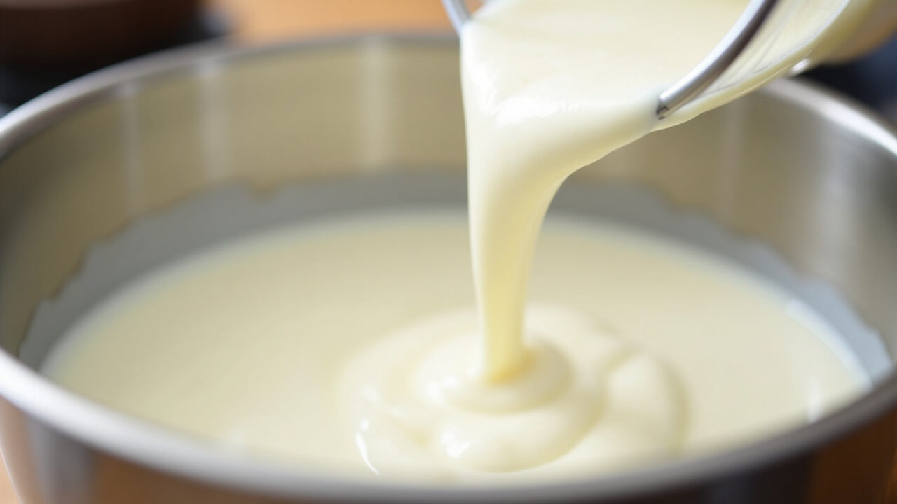 Close-up of fresh heavy cream being poured into a metal bowl, ready to be whipped. Natural light, Creme de leite fresco para chantilly