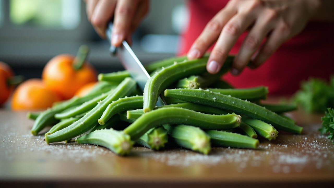 Close-up of fresh okra being prepared for freezing, vibrant colors, natural light, professional Quiabo fresco sendo preparado para congelamento.