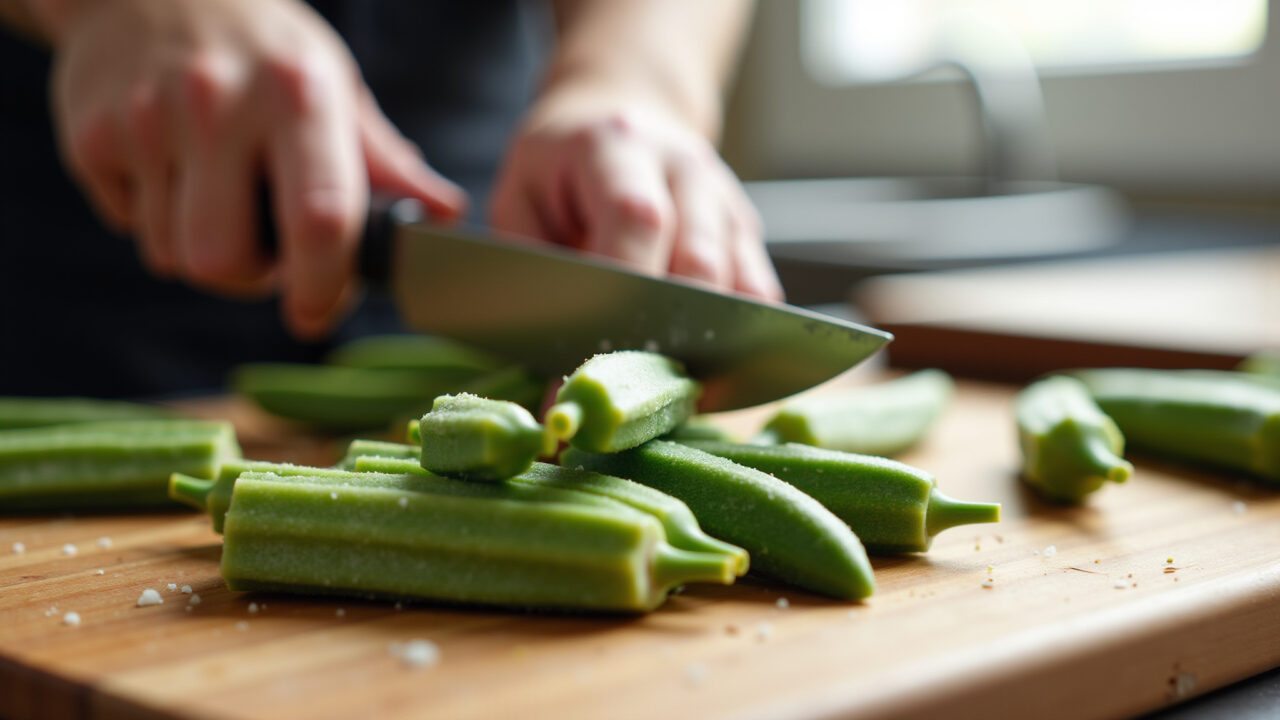 Close-up of fresh okra being prepared, washed and cut, on a wooden cutting board, bright kitchen, Preparando quiabo fresco para airfryer: lavagem e corte.