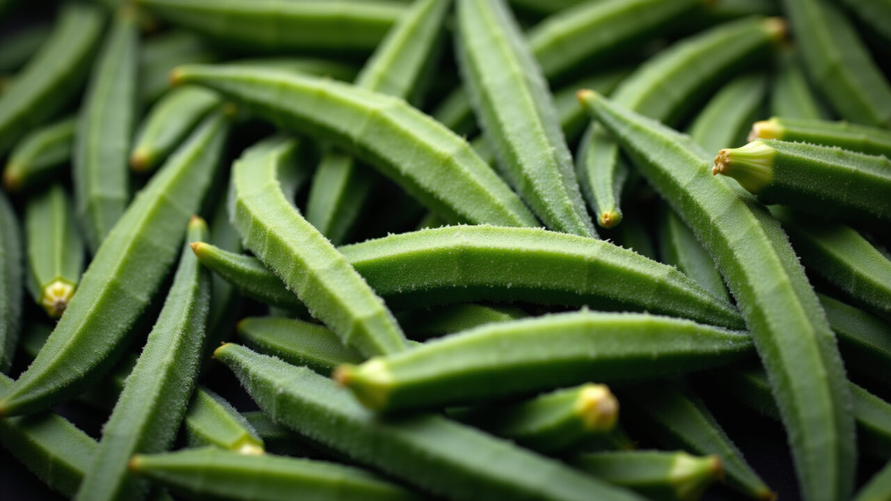 Close-up of fresh okra, vibrant green, natural lighting, studio shot, showcasing vitamins, 8k, Quiabo fresco verde vibrante, destacando suas vitaminas.