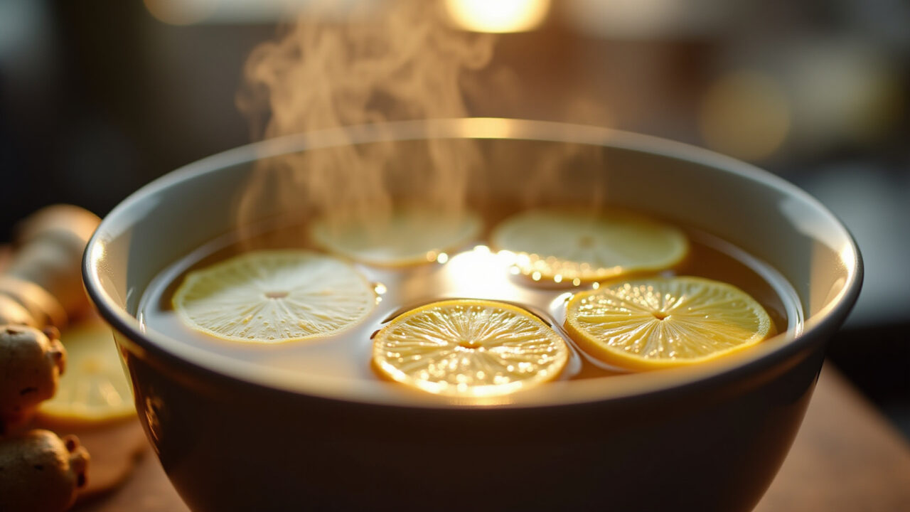 Close-up of ginger slices infusing in hot water, warm light, focus on the steam, Brazilian kitchen Chá de gengibre com rodelas frescas para aliviar a má digestão.