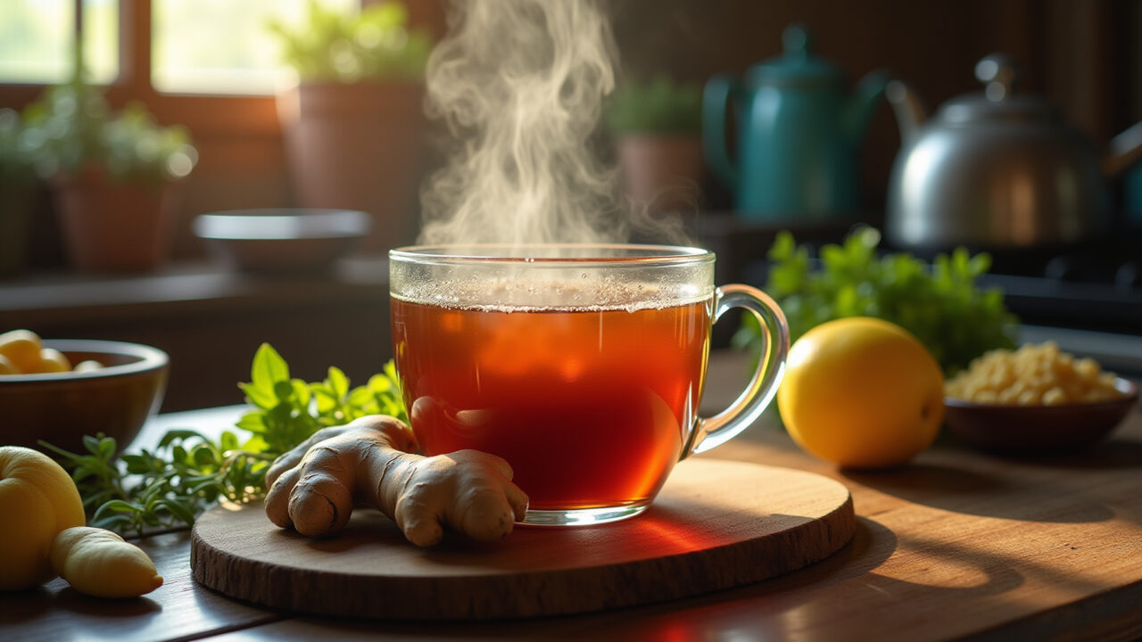 Close-up of ginger tea steaming in a rustic Brazilian kitchen, natural light, vibrant colors, Chá de gengibre fumegante, receita caseira.