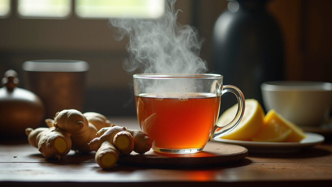 Close-up of ginger tea steaming in a rustic Brazilian kitchen, natural light, focus on the ginger Xícara de chá de gengibre fumegante.