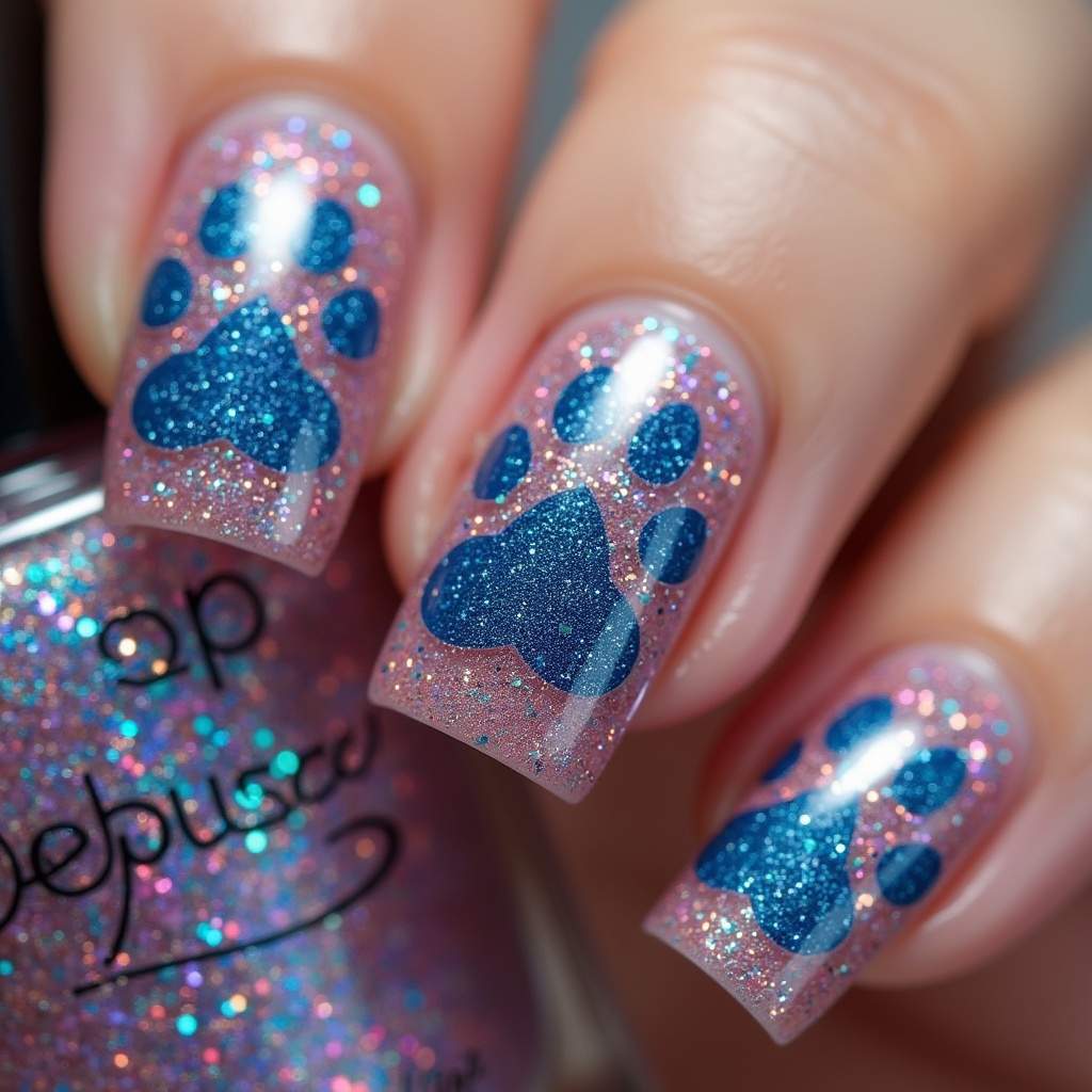 Close-up of glittery paw print nail art, glamorous design, vibrant colors, natural lighting, 8K Unhas decoradas com patinhas e glitter furta-cor.