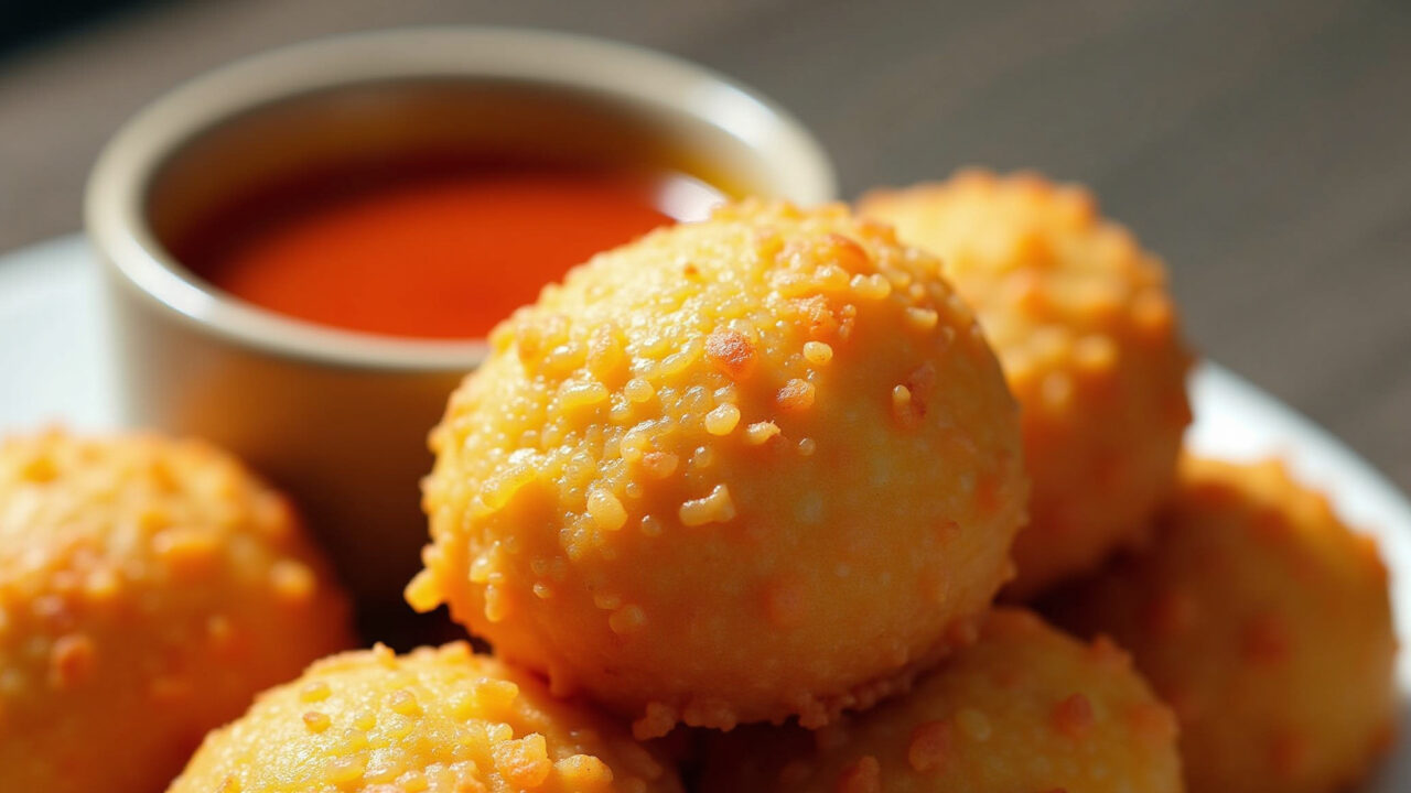 Close-up of golden-brown bolinhos de arroz, crispy exterior, soft interior, served with a spicy Bolinhos de arroz crocantes e dourados.