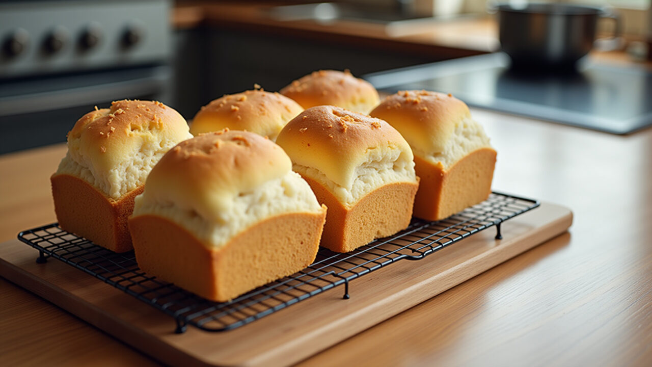 Close-up of golden brown, crusty homemade bread cooling on a wooden board, rustic kitchen setting, Pão caseiro rústico esfriando sobre tábua de madeira.