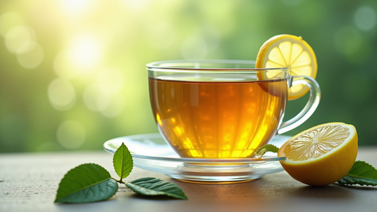 Close-up of green tea with lemon, antioxidant boost, bright and airy setting, natural light, Chá verde com limão, antioxidantes.