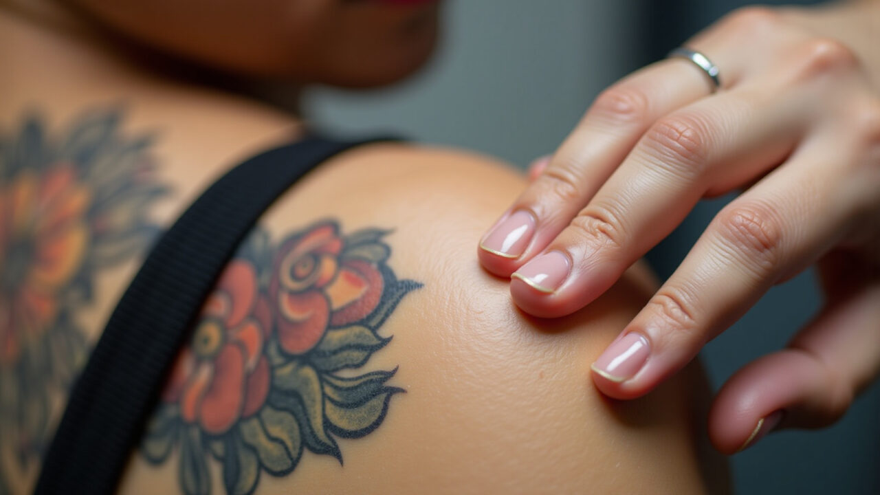 Close-up of hand applying thin layer of petroleum jelly on a fresh tattoo. Professional Camada fina de vaselina sólida protegendo tatuagem nova.